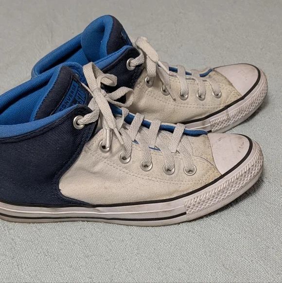 Converse High-Top Sneakers in White and Blue Trim - Picture 3 of 4
